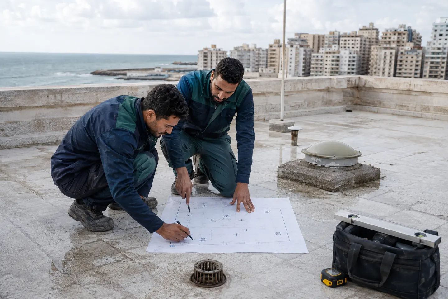 فريق خط المطر ينفذ معاينة عزل سطح في الإسكندرية